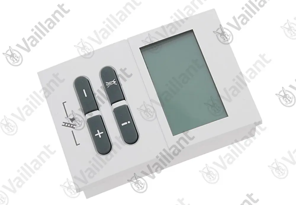 Vaillant Display mit Tasten zur Einstellung, darunter Symbol für Heizsystem und zentralem Bildschirm, in rechteckiger Form und weißem Gehäuse.